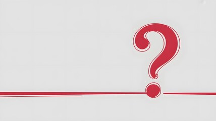 A minimalist graphic illustration featuring a large red question mark on a white background with a thin red line with symbol