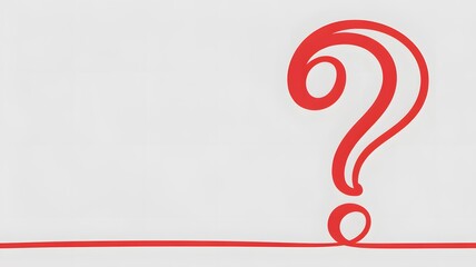 A minimalist graphic illustration featuring a large red question mark on a white background with a thin red line with symbol