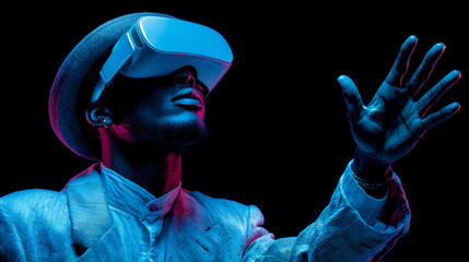 Man using VR headset reaching out in dark studio. Metaverse concept.