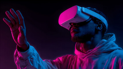 Close up profile of man using VR headset. Virtual reality concept.