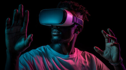 Man wearing VR headset in neon lighting. Metaverse technology concept.
