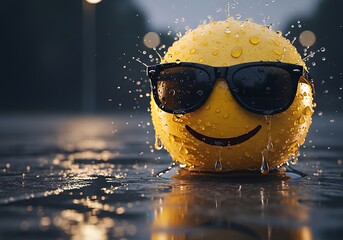 Wet cool emoji wearing dark sunglasses, hyper-realistic macro shot in cinematic rain on reflective asphalt, dramatic moody lighting for social media marketing and branding concepts