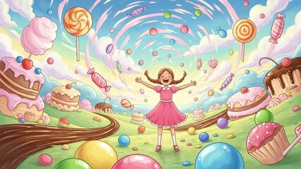 A cute cartoon illustration of an Easter background featuring colorful eggs and a bunny with celebration party elements like a pink birthday cake, balloons, and sweet gift decorations for a holiday gr