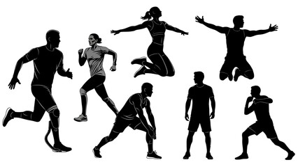 Obraz premium Black silhouette of people engaging in various physical activities on a white background, showcasing dynamic poses and movements.