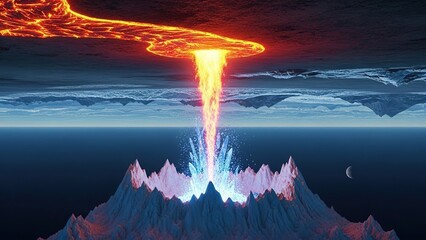 A dark summer night reveals a storm where fire in the sky meets the northern lights as lightning strikes the ocean horizon reflecting blue aurora borealis and fire in water across the sea