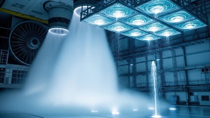 Modern office building architecture featuring a glass interior hallway and an empty urban station corridor illuminated by city night lights