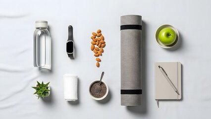 Fitness essentials for a healthy and active lifestyle flat lay on white background