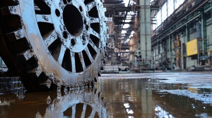 A large worn industrial gear wheel with chipped teeth sits on a wet floor reflecting in a dimly lit factory