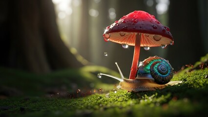 A macro closeup of a fresh snail on a green leaf and brown mushroom cap amidst wild autumn moss and forest fungi