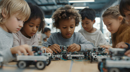 Ultra HD Diverse group of elementary school children building robots and learning about engineering and technology in a modern classroom setting image