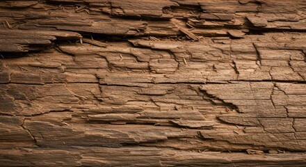 Close-up of weathered, cracked wood plank.  Textured surface of brown wood