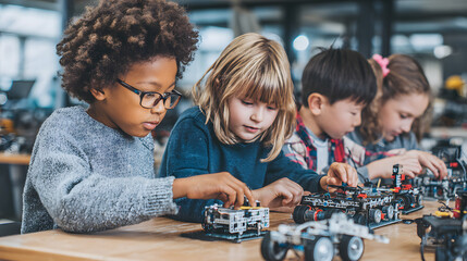 Ultra HD Diverse group of young children engaged in a stem robotics class, building and learning together image