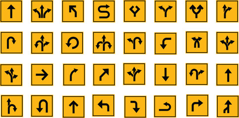 Road Arrow Flat Style Vector Icon Set, Traffic Direction Symbol Collection and Navigation Outline Graphic Group Featuring Turn, Curve and Wayfinding Arrow Signs