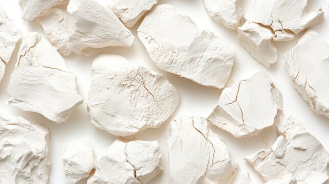 A collection of rough unworked lumps of dry white clay with visible cracks and fragmented surfaces showcasing its natural material texture