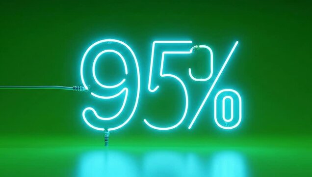 Glowing blue neon signs with sparks on green background, displaying 9, 95 slash, and 95 percent, dynamic motion video with percentage and statistics and information