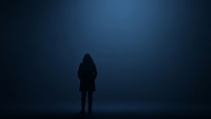 Silhouette of a person in a hooded coat standing alone in a dark, mysterious, bluelit, foggy or smoky environment, creating a sense of isolation and suspense