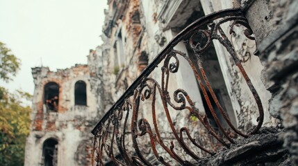 A close up view of a rusty wrought iron railing on a dilapidated balcony of an old crumbling stone building