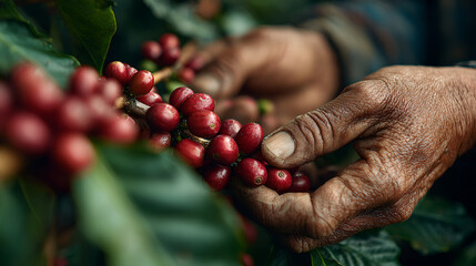 Hands holding ripe coffee cherries during harvest. Sustainable farming concept.