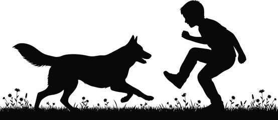 Playful dog chasing man silhouette outdoors, fun interaction, energy, companionship, trust, active lifestyle, joyful human animal relationship illustration isolated