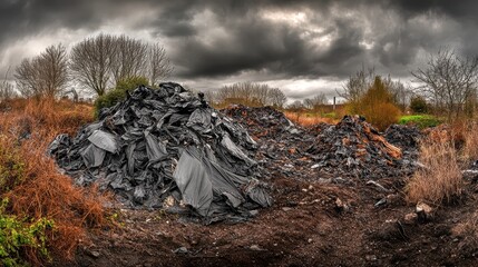 A large pile of shredded industrial fabric and plastic sheeting sits on dirty ground under a dark stormy sky with bare trees in the background