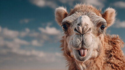 Camel making silly face against blue sky. Desert humor concept.