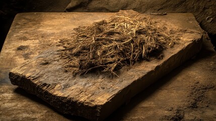 A pile of dried straw and natural fibers rests on a textured wooden and clay surface with muted earthy tones