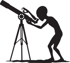 Alien looking through a telescope exploring the cosmos scientific observation vector