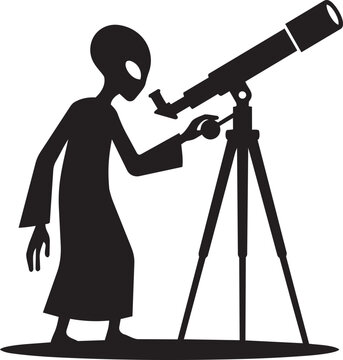 Alien creature observing stars through a large telescope sci-fi vector illustration