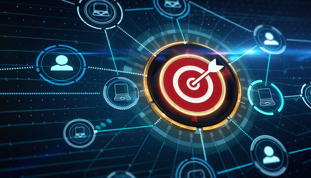 Hitting the target: A digital concept of a target with an arrow hitting the center, representing goals, objectives, and success. Digital connections, computer icons, and lines connect with a target