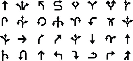 Road Arrow Flat Style Vector Icon Set, Traffic Direction Symbol Collection and Navigation Outline Graphic Group Featuring Turn, Curve and Wayfinding Arrow Signs