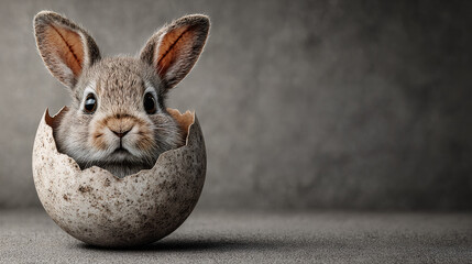 Bunny peeking from egg shell on gray background. Easter spring concept.