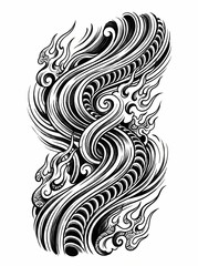 Fototapeta premium Two stylized dragons entwined, rendered in black and white with flowing lines and flame-like details.