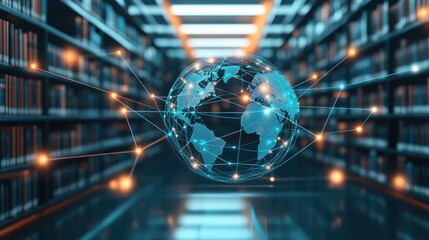 A glowing miniature model of a global learning network with interconnected nodes and illuminated lines superimposed over a digital background