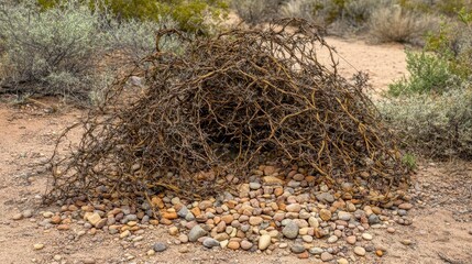 A dense tangled mess of dry thorny vines interwoven with dried branches sits on rocky ground in an arid natural environment