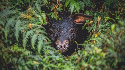 A tapir with its distinctive trunk like nose emerges from dense green foliage in a rainforest habitat