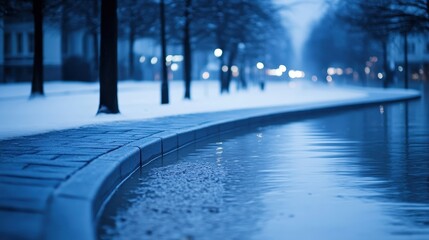 Obraz premium A curved path lined with snow borders a reflective pool of water in a winter park at dusk with soft lights