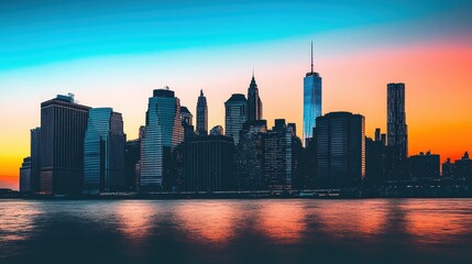 Obraz premium A detailed photograph of a city skyline at dusk with vibrant orange and blue sky reflected in the water
