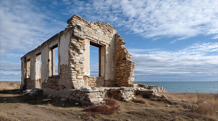 Ruined stone building on the coast, a historical architectural structure with empty window frames and a view of the sea under a cloudy sky.