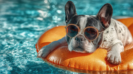 French bulldog on orange pool ring wearing sunglasses. Summer pool party concept.