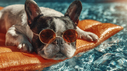 French bulldog resting on orange pool float with sunglasses. Summer relaxation concept.