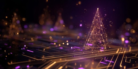 Digital Christmas Tree: A glowing digital Christmas tree shines brilliantly amidst an intricate circuit board, capturing the convergence of technology and festive spirit, symbolizing the digital era.