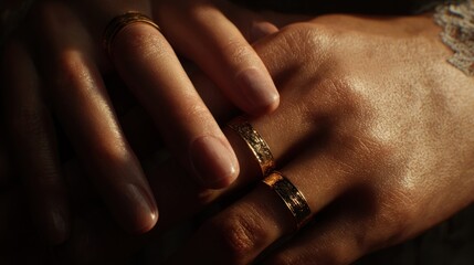 A close-up of intertwined hands with matching rings, soft skin tones, delicate lighting, emotional connection, 8k, realistic, full ultra HD, high resolution, cinematic photography