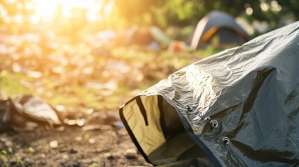 A heavy duty green camping tarp is unfurled and stretched taut on the ground at a campsite bathed in warm morning sunlight with other tents blurred in the background