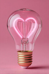 Neon heart inside light bulb on pink background. Valentine love concept.