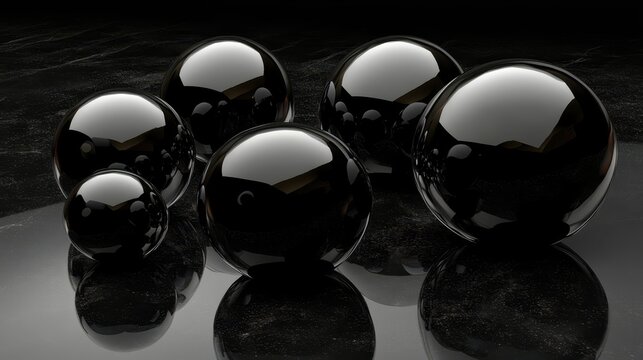 A Collection of Perfectly Polished Black Obsidian Spheres with Deep Reflections and Glossy Surfaces