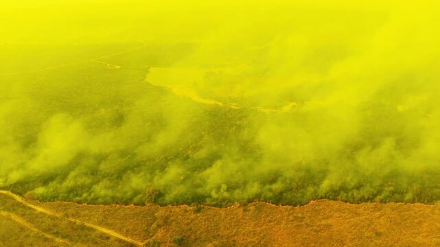Vibrant yellow smoke billowing over brown landscape