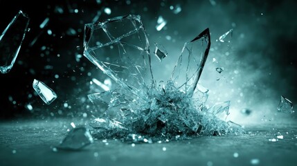 A heap of shattered glass shards with sharp, irregular fragments catching the light