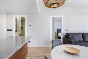 Minimalist apartment interior with kitchen island, visible bathroom and cozy bedroom entrances