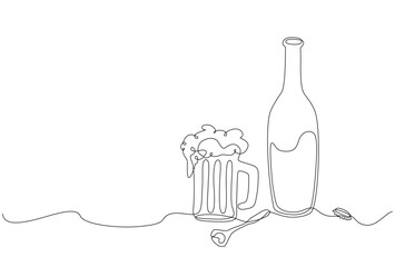Minimal continuous one line illustration of a beer mug with foam and a bottle with opener, drawn in clean black outline on white background, symbolizing leisure and social drinking. Editable stroke