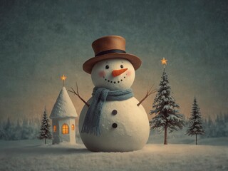 Obraz premium Snowman with house and trees